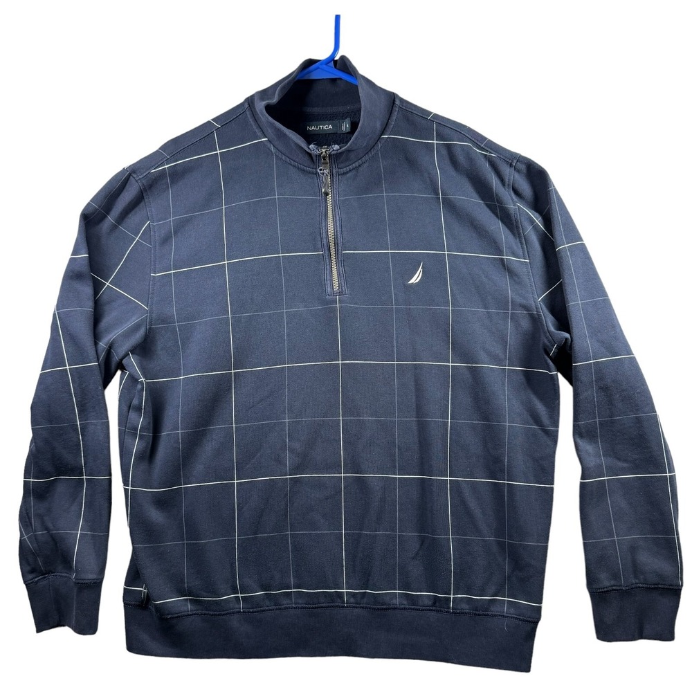 Nautica Mens XL Blue White Check 1/4 Zip Pullover Sweater Long Sleeve Mock‎ Neck